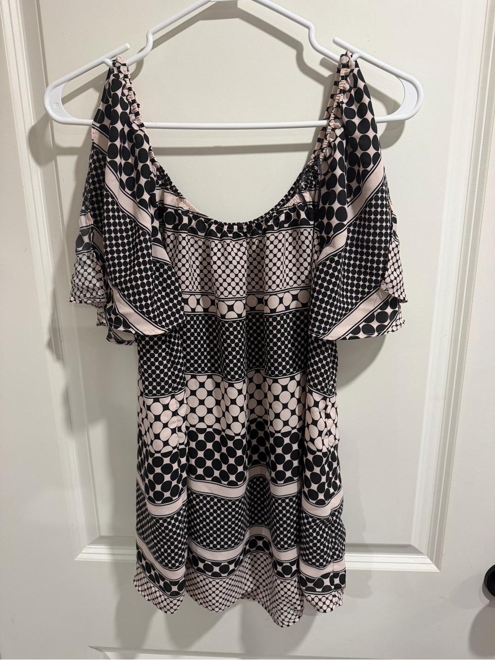 Le Château Black Cream Polka Dot Geometric Print Tunic Blouse Top M